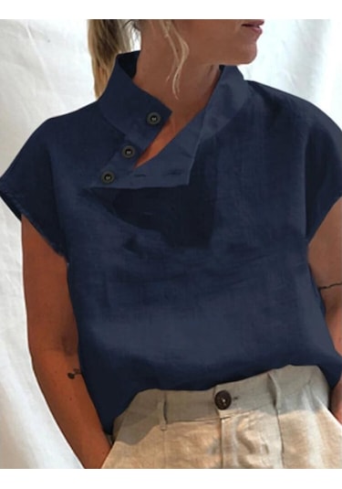 Lacivert Celmia Kadın Yaz Bluzlar 2023 Moda Pamuk Keten Blusas Hafif Beyaz Gömlek Casual Chic Tunik Lacivert