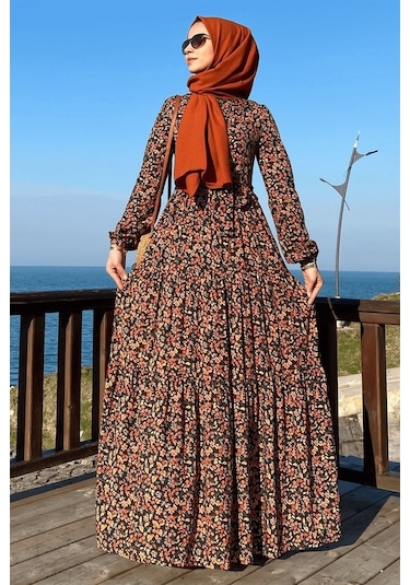 Güzide Yaprak Desenli Elbise Turuncu