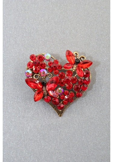 Kelebekli Kalp Broş. Kırmızı Yakut Taşlı Kelebekli Kalp Yaka İğnesi Broş. Kadın Kalpli Kelebek Broş Çok Renkli