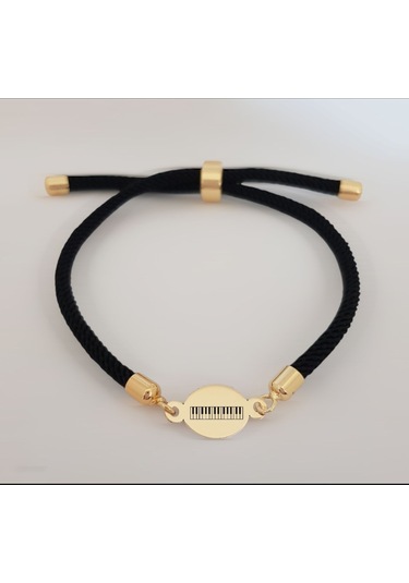 14 Ayar Altın Plakalı Oval Motifli İpek Örgülü Piyano Sembollü Hediye Bileklik-320sembol-siyah Altın