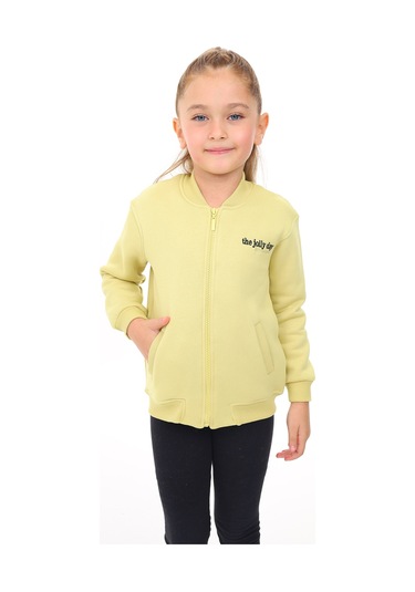 Toontoy Kız Çocuk Kolej Yaka Fermuarlı Cepli Düşük Omuz Nakış Baskılı Örme Hırka - 2 İplik Şardonlu Açık Yeşil