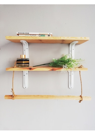 Halatlı Ahşap Dekoratif Duvar Rafı 50x11 Cm, Metal Beyaz Ayaklı