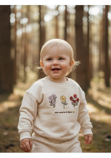 Zekids Kız Bebek Çiçek Desenli Eşofman Takım-16328 Krem