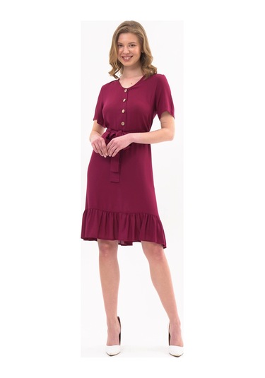 Kadın Önden Düğme Detaylı Yazlık Midi Elbise 4437/105 Bordo