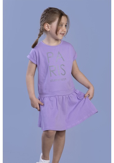 Toontoy Kız Çocuk Reflektör Baskılı Elbise Lila