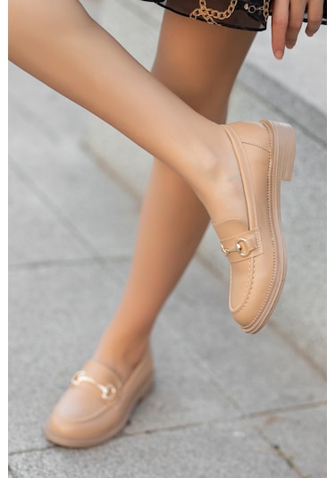 Garantili Horse Kadın Zincirli Loafer Günlük Ayakkabı Nut