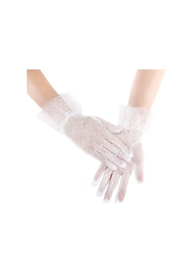 Kısa Boy Güpürlü Beyaz Puantiyeli Tül Eldiven Beyaz Renk