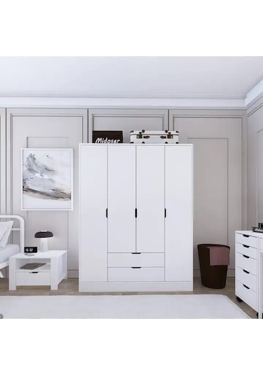 140 Cm Mat Beyaz 4 Kapılı 2 Çekmeceli Elbise Dolabı - Gardırop Beyaz