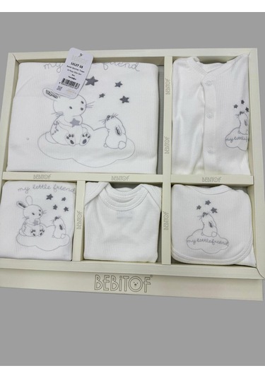 Sevimli Buluttaki Tavşan Desenli 10 Parça Kutulu Yenidoğan Hastane Çıkışı Zıbın Seti Ekru