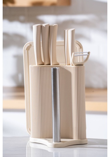 Acar Cooper 8 Parça Standlı Kesme Tahtası Ve Bıçak Seti Krem