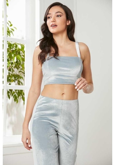 Pierre Cardin 2050 Dantelli Kadife Saten 3'lü Croplu Pijama Takımı 001