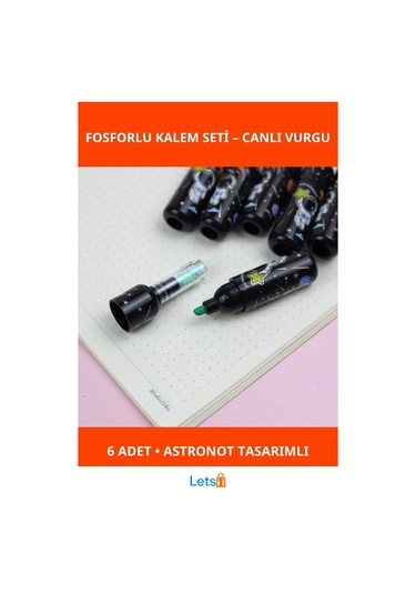Astronot Desenli Fosforlu Kalem Seti 6 Adet Çok Renkli