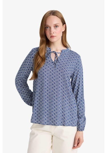 DeFacto Regular Fit Bağcıklı Yaka Desenli Uzun Kollu Bluz N1809AZ25SPIN69