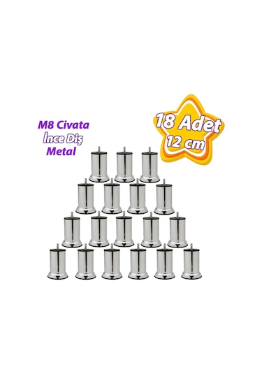 18 Adet Metal Destek Ayağı 12 Cm Krom Mobilya Kanepe Baza Koltuk Ünite Ayakları Metrik 8 Civatalı İnce Diş