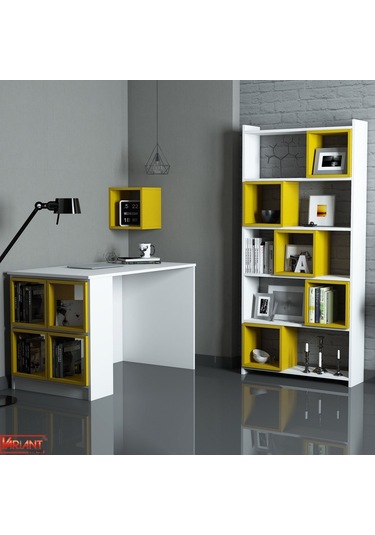Variant Box Kitaplık Ve Çalışma Masası Takımı - Beyaz / Sarı Beyaz