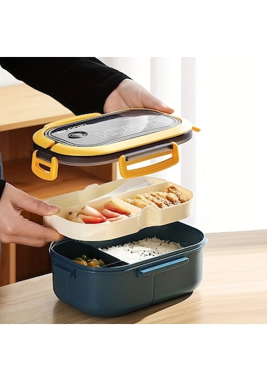 Topnotch Beyaz 2 Katlı Mikrodalgada Kullanılabilir 40.58oz Yemek Kutusu Çatal Kaşık Setli Beyaz