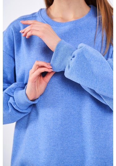 Comeor Mavi Kadın Pamuklu Oversize Basic Bisiklet Yaka Sweatshirt 001