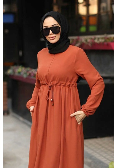 Neways 6497-Krep Süs Bağcıklı  Büzgülü  Elbise Kiremit