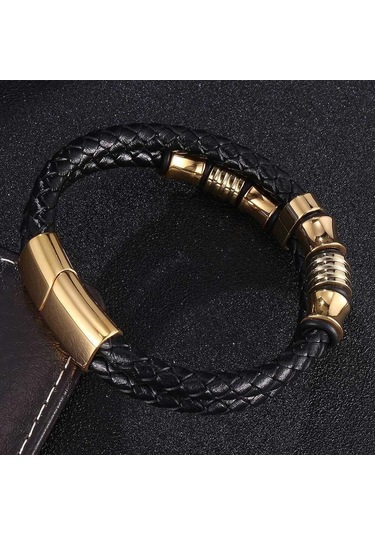 Düzensiz Desen Şekli Erkek Modası Paslanmaz Çelik Deri Bileklik Yakışıklı Erkekler İçin Klasik Doğum Günü Hediyesi Siyah