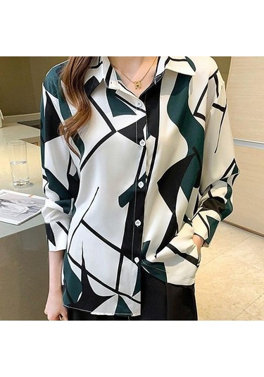 Kadın Uzun Kollu Şifon Gömlek Moda Kore Fit Geometrik Baskı Üst Büyük Gömlek Sarı