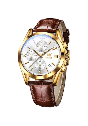 Olevs 2872 Erkekler Üç Göz Altı İğne Kronograf Su Geçirmez Kuvars Saat Beyaz + Altın
