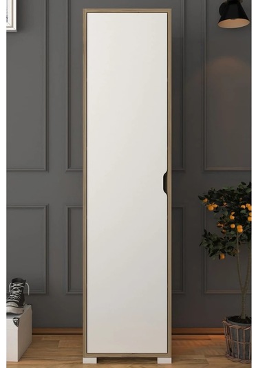 Nisan 40 Cm Açık Ceviz-beyaz 5 Raflı Kiler Tek Kapılı Banyo Ve Elbise Dolabı - Gardırop Açık Ceviz & Beyaz