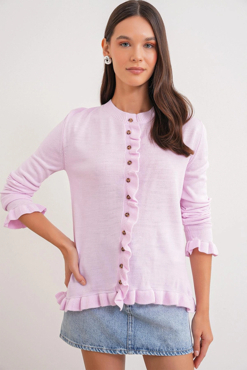 6964 Kadın Düz Fırfırlı Düğmeli Hırka Pembe Pembe