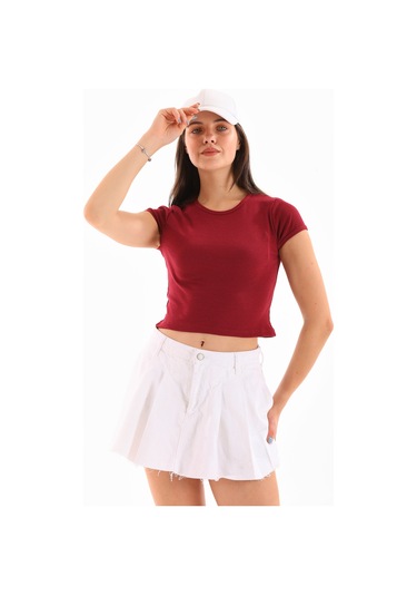 Kadın Likralı Kısa Kol Crop Bluz Bordo