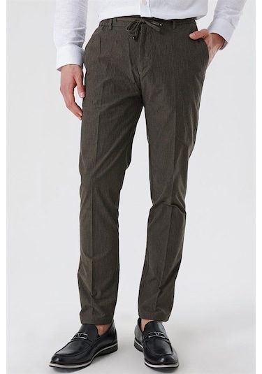 Koyu Vizon Çizgili Armürlü % 100 Pamuk Yan Cep Slim Fit Dar Kesim Casual Pantolon 1003230159-koyu Vizon Koyu Vizon