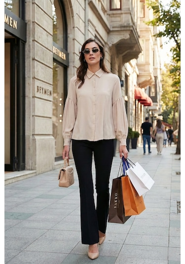 Lela Regular Fit Dikiş Detaylı Düz Yaka Balon Kol Bayan Gömlek 611Go00003 Taş