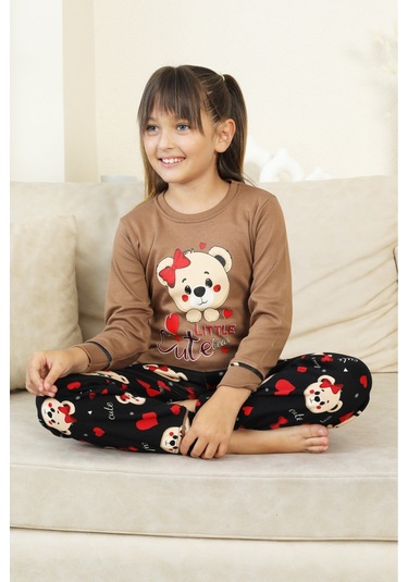 Kız Çocuk Ayıcık Baskılı %100 Pamuk İnterlok Kumaş Pijama Takımı 12347 Kahverengi