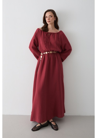 Kiremit Bağlama Detaylı Müslin Elbise - 2004 Kiremit