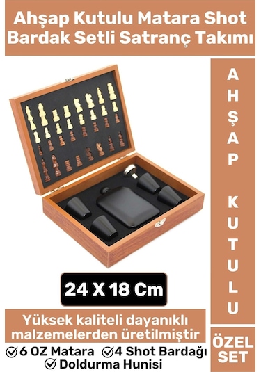 Premium Yüksek Kaliteli Alkol 6 Oz Matara Shot Bardak Huni Setli Ahşap Kutulu Satranç Takımı Seti