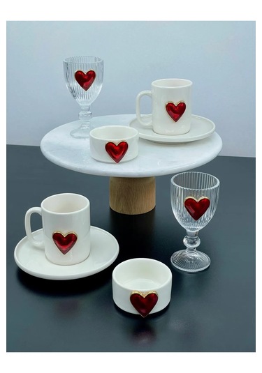 2 Kişilik Porselen Kalpli Fincan Takımı Seti Bardak Ve Lokumluk