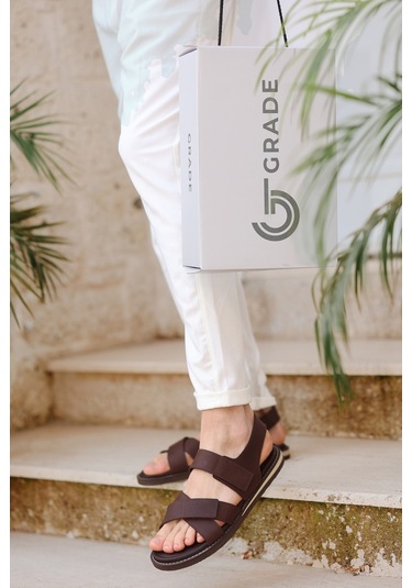 Hakiki Deri Kalın Bantlı Ortopedik Tasarım Erkek Sandalet Terlik Kahverengi