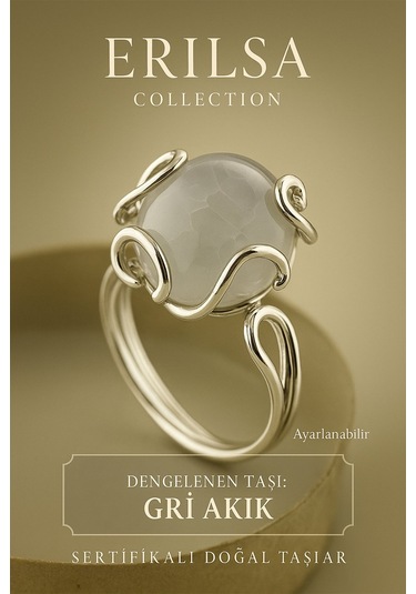 Sertifikalı Doğal Gri Akik Taşı Yüzük Ayarlanabilir Şık Tasarım Denge Ve Enerji Çok Renkli