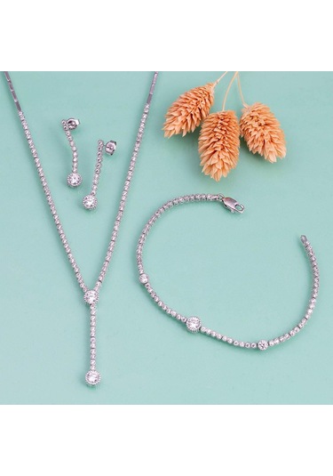 Gümüş Pazarım Tektaş Detaylı Su Yolu Rodyum Kaplama 925 Ayar Gümüş Düğün Seti Gümüş