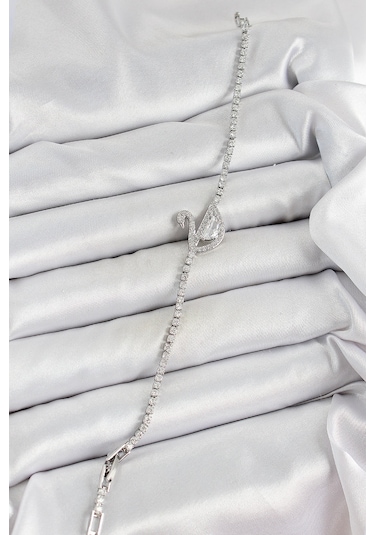 Pirinç Gümüş Renk Zirkon Taşlı Kuğu Model Kadın Bileklik Altın