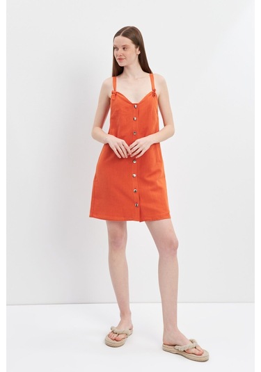 Stella Pulvis Turuncu Askılı Keten Mini Elbise Turuncu