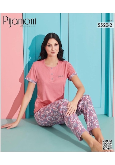 Pijamoni Kadın Viskoz Likralı Düğme Yaka Kaşkorse Patlı Kısa Kol Pijama Takımı 5520-2 / 1 Adet Pembe