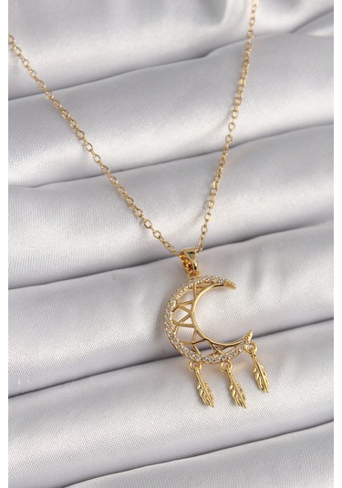 Gold Renk Zincir Zirkon Taşlı Hilal Model Sallantı Yaprak Detay Kadın Kolye - Ebj241228w30258 Bakır