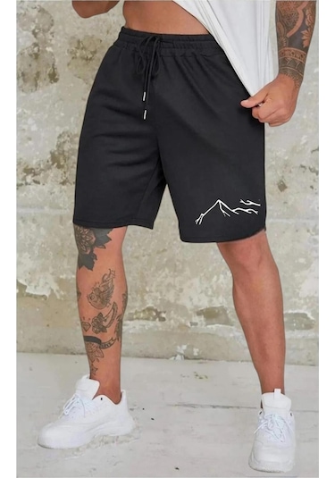 Benroma Dağ Baskılı Unisex Şort Siyah