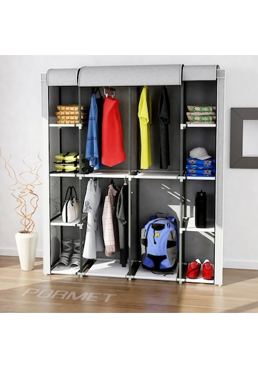 Sepet38 Teknor Metal Profil Çift Raf Çift Askılık Lüks Bez Dolap - Gri