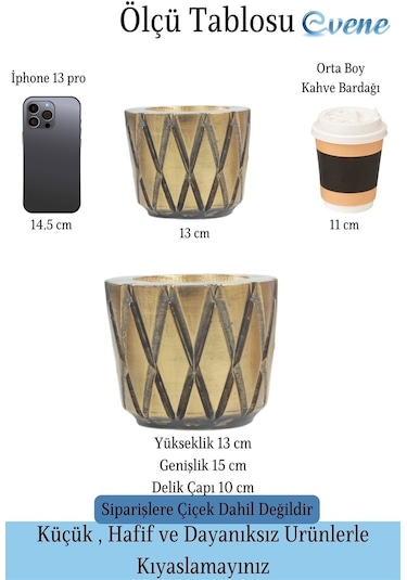 Saksı Çiçek Kaktüs Saksısı Lüx 15 Cm Baklava Desen Saksı Çiçeklik - Altın Eskitme