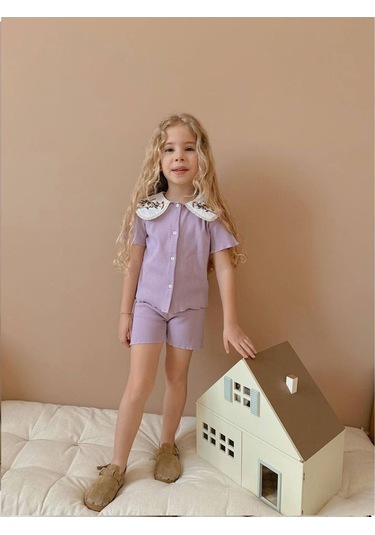 Nakışlı Bebe Yaka Kız Çocuk Takım Mor