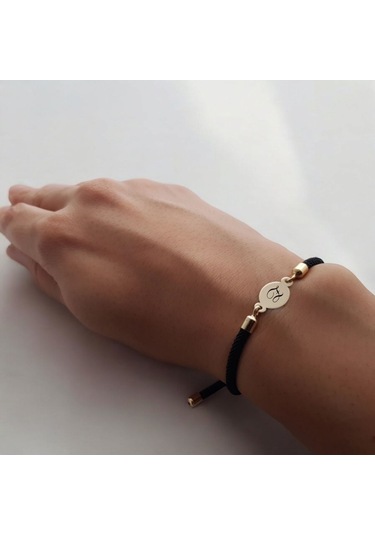 Z Harfine Özel İpek Örgülü 14 Ayar Altın Plakalı Oval Motifli Hediye Bileklik-320harf-siyah Altın