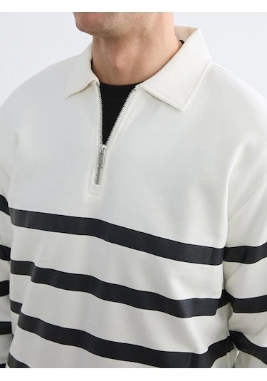 Lc Waikiki Beyaz Polo Yaka Çizgili Erkek Kalın Sweatshirt