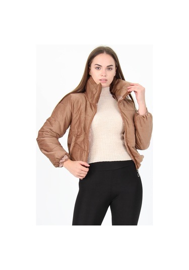 Kadın Yüksek Yaka Cepli Kışlık Kadife Mont Dpnb7154 CAMEL