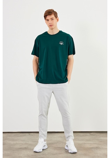 Leo Erkek Oversize Tshirt %100 Pamuk Bisiklet Yaka Baskı Detaylı Basic Tişört Mtlce77 Yeşil