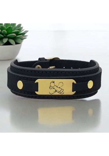 Archin Rempic Temalı Oval Motifli 14 Ayar Altın Plakalı Doğal Siyah Derili Hediye Bileklik-438sembol Rempic